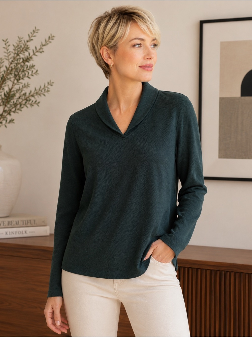 Pure Jill Dark Green Shawl Collar Long Sleeve Top XL Excellent Condition